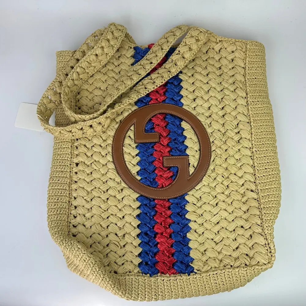 Pre-owned GUCCI Interlocking G Raffia Tote Bag with Web Stripe【583】