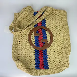 Pre-owned GUCCI 583 Raffia Woven Stripes Tote Bag