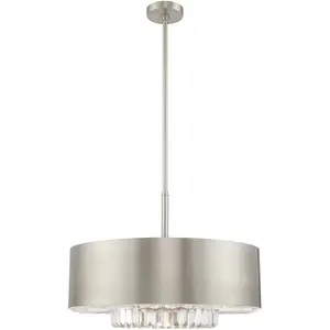 6 Light Brushed Nickel Pendant Chandelier with Clear Faceted Crystal Bars/ Brushed Nickel Metal Shade