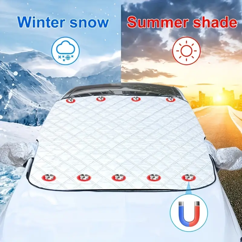 Universal Fit Magnetic-Close Half Car Cover, External Front Windshield Protector, Thick Exterior Sunshade for Heat Insulation, Frostproof Use