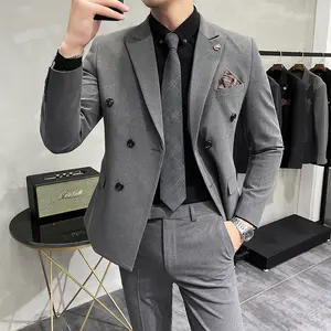 Textured Striped Men's Suit, Stylish Slim Fit Double-Breasted Formal Wedding Suit, Medium Gray Foreign Trade Style