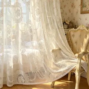 2Panels Embossed Jacquard White Transparent Curtain Top Grommet Hanging Pastoral Flowers Soft and Transparent Suitable for Living Room Bedroom Kitchen Balcony Home Decoration