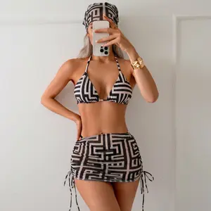 Women's 4-Piece Geometric Print Bikini - High Cut 3/4 Cup Bathing Suit with Drawstring Mesh Skirt & Hair Scarf - Snatched 4pc Swimsuit with Tummy Smoothing Sarong