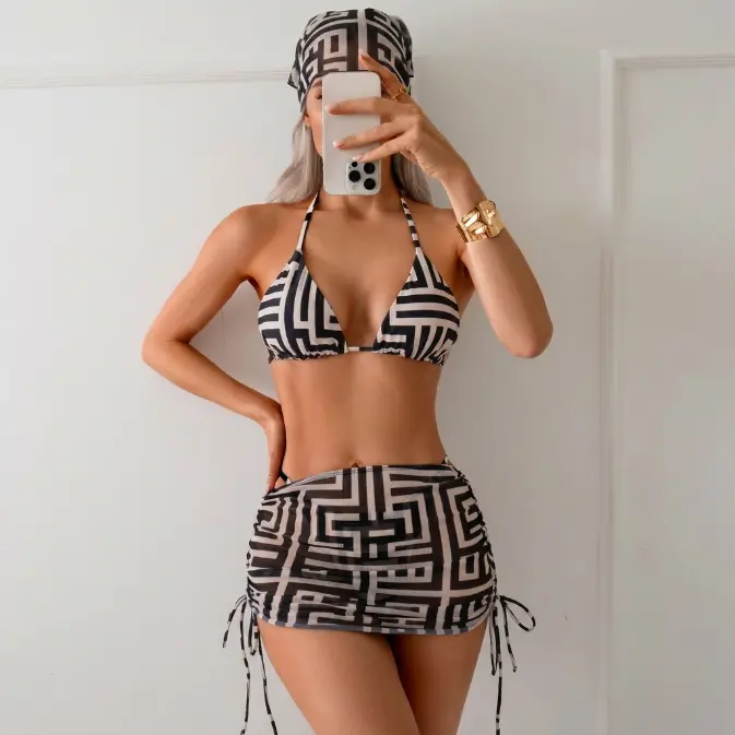 Women's 4-Piece Geometric Print Halter Triangle Bikini Bathing Suit - High Cut 3/4 Cup, Drawstring Mesh Skirt, Hair Scarf, Tummy Control Sarong, Bathing Suits Tummy Control, Halter Bikini Swimsuit, Beach Bikinis