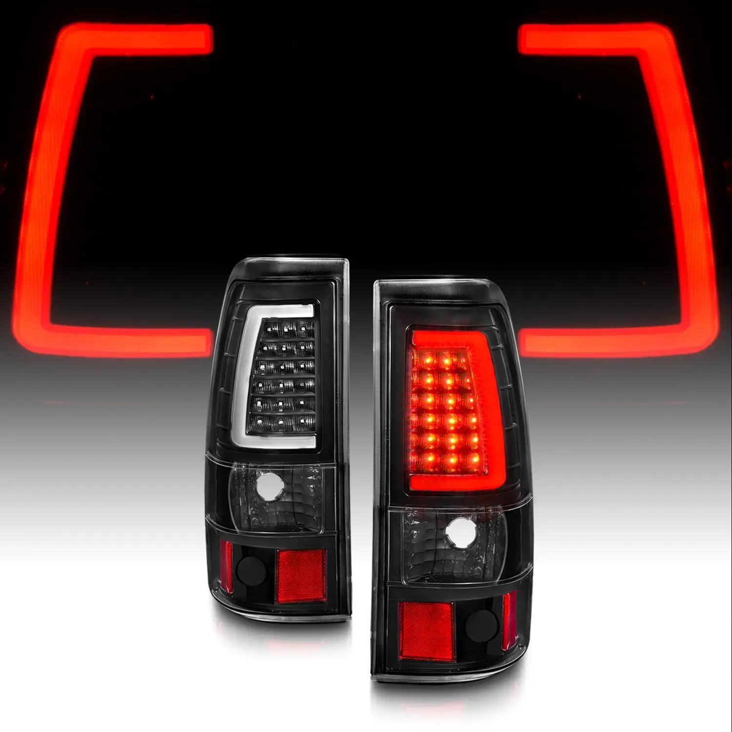 AmeriLite for 1999-2006 GMC Sierra / 99-02 Chevy Silverado Pick Up Truck Clear Black C-Type LED Tube Replacement Tail Lights Brake Lamp Set - Passenger and Driver Side