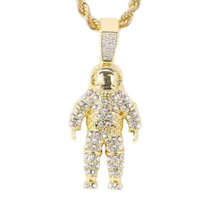 Iced Medium Astronaut Pendant with 4mm Rope Chain 24"