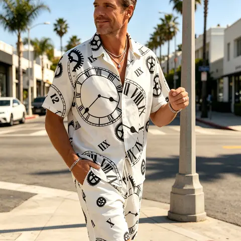 Men's 2 Piece Steampunk Clock Gear Print Outfit Short Sleeve Button Down Shirt & Casual Shorts Set Summer Vacation Tracksuit