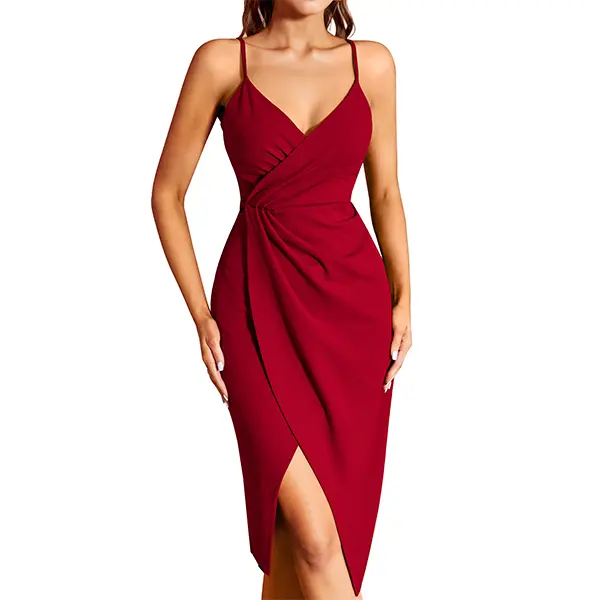 Women's Wrap V Neck Sleeveless Spaghetti Strap Ruched Bodycon Midi Slit Summer Party Cocktail Dress