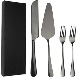 Cake Knife and Server Set with 2 Forks, Cake Cutting Set for Wedding with Gift Box, Stainless Steel Cake Cutter and Pie Server for Birthday Party Anniversary (Black)