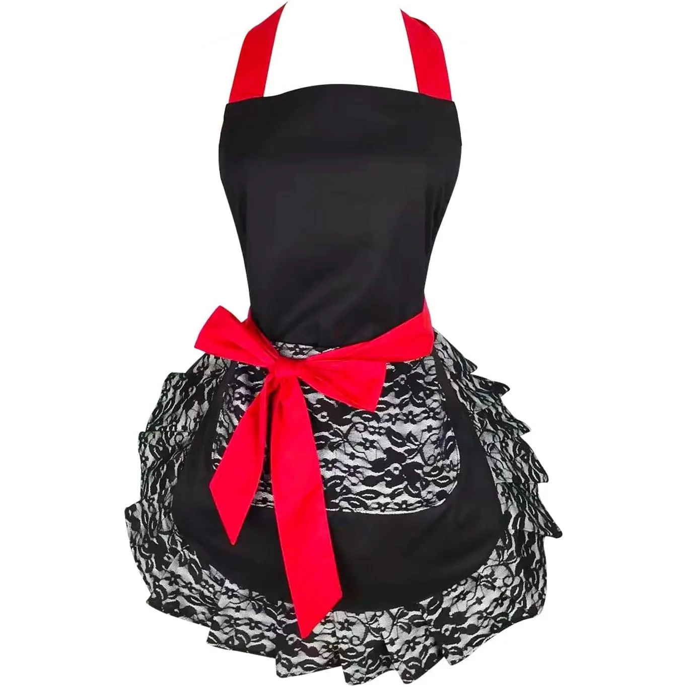 Women's Cotton Lightweight Black Lace Flirty Kitchen Apron with Pocket - Retro Comfortable Cooking Apron, Ideal Gift for Daughters