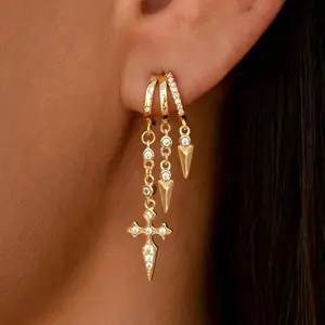 14K Gold Plated 3 In 1 Cross Earrings for Women Trendy Dangle Huggie Drop Stud Earrings Zirconia Simple Minimalist Dainty Chain