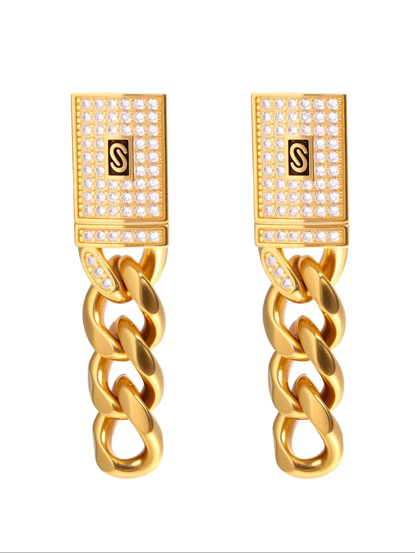 Cuban Chain Design Earrings, Fashionable Rhinestone Decorated CZ Earrings for Women & Girls, Trendy All-match & Exquisite Jewelry for Birthday Gift
