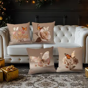 4 Piece Spring Theme Pillow Covers, Butterfly Floral Design, Warm, Fresh and Gentle Style, Perfect for Living Room Bedroom Decor, Home Textile