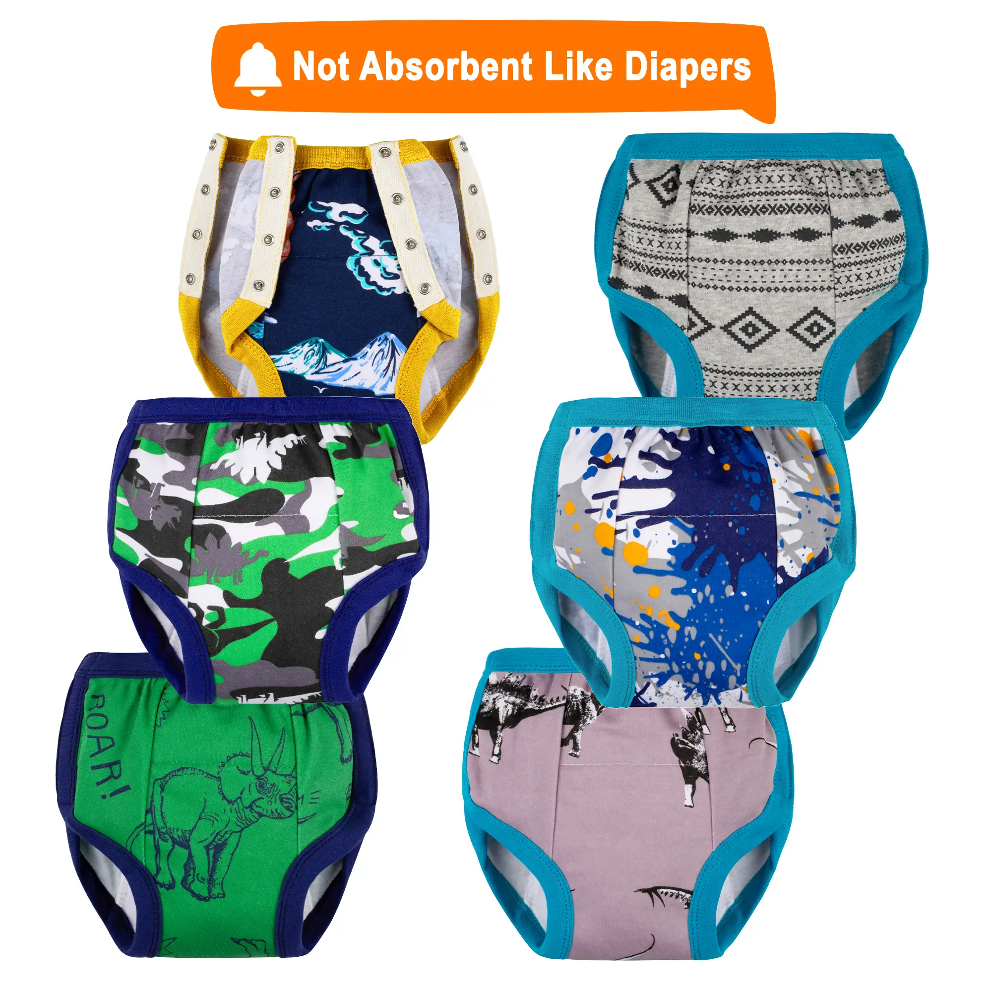 6-Pack Toddler Boys' and Girls' Potty Training Pants with Side Snaps, 100% Cotton Reusable Training Underwear for 2T-4T Toddlers