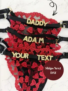 Customized Thong With Name • Black Lace with Red Hearts Personalized • Removable Strap Gold Slide • Gift