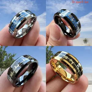 8mm Beveled Inlay Black Carbon Fiber Gold Heart Rate Design High Quality Stainless Steel Ring