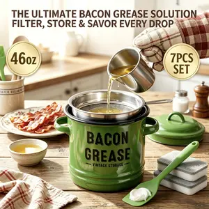 Bacon Grease Container with Strainer & Food-Grade Silicone Spatula& Silicone brush.Keeper, Kitchen Oil Dispenser with strainer & Lid, Olive Oil Dispenser, Bacon Grease Container,Large Enamel Rustic Farmhouse Fat Container. Kitchen Gadgets Clearance