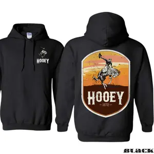 ❄ [gifts for him] [Graphic Hoodie] HOOEY Rodeo Hoodie – Cowboy Riding Bronc in Sunset Scene, Western Graphic Pullover for Rodeo Lovers, Ranch Hands & American West Fans Menswear Tops Sweatshirts Long Sleeve shop deals street wear christmas gifts new look