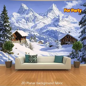 Swiss Alps Snow-Covered Mountain Pass Tapestry - 2D Flat Polyester Fabric Backdrop with Clear Sky, Distant Goats & Wooden Cabins for Living Room, Bedroom, Party Decor, Photo Shoot Props - All-Season Home Decoration, Mountain Decor, Serene Alpine Design, V