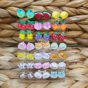 Cute Kawaii Earring 21 Pair Set Stand Included | Fruit & Veggie Earrings | Animal Earrings | Hypoallergenic Plastic Stud Earrings NonMetal