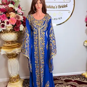 Embroidered Crystal Nikah Eid Kaftan Dress – Royal Blue Luxury Party Wear