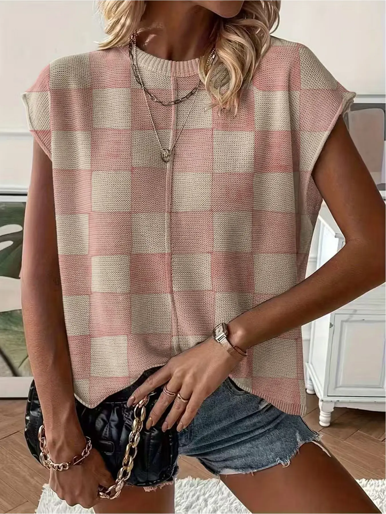 Spring/Summer crew neck drop-shoulder loose fit contrast plaid print short-sleeve women's knit top, vacation style, casual elegant commute, ladies short-sleeve knit top, Knitted Tops, Knitwear, bikini cover-up.