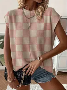 Spring/Summer crew neck drop-shoulder loose fit contrast plaid print short-sleeve women's knit top, vacation style, casual elegant commute, ladies short-sleeve knit top, Knitwear, bikini cover-up.