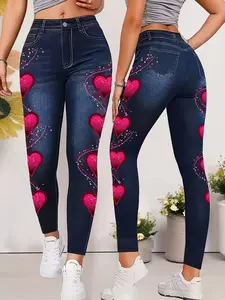Women's Printed Leggings, Non-Denim Fabric, Lightweight, All-Over Pattern Design, Summer Casual Fashion Tight-Fitting Pants, Womenswear