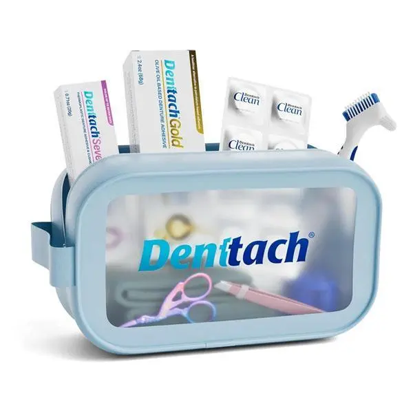 🔥 HOT SALE 51% OFF | Denture Starter Kit, 9 Piece Kit Includes Denttach Seven Thermoplastic Denture Adhesive, Gold Denture Adhesive, Clean Tablets, Case, Brush, Scissors, Tweezers, Microfiber Towel & Travel Case