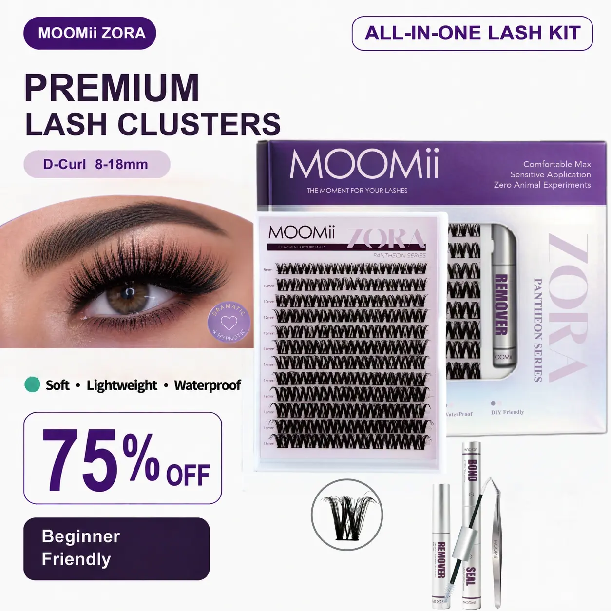 MOOMii ZORA Cosmetic DIY Eyelash Cluster Set - 0.03mm Ultra Thin Invisible Band Eyelash Extensions, Soft Lightweight DD Curl 8-18mm Youth-Focused Easy-Apply False Lashes for All-Day Comfort