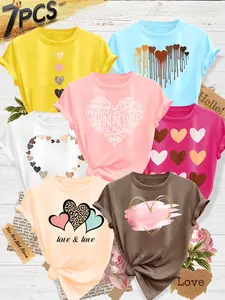 7Pcs Women's Crew Neck T-Shirts, Colorful Heart Series Print, Multiple Colors Available, Machine Washable, Spring & Summer Tops, Soft Skin-Friendly Fabric, Daily Versatile, Fashion Design, Casual