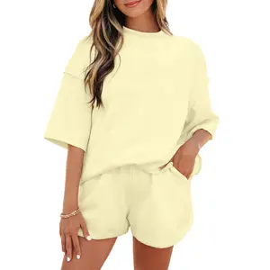 Asvivid Solid Color Exposed Seam Mock Neck Loose fit Tee Top and Casual Shorts 2pcs Outfit Womenswear xClothes
