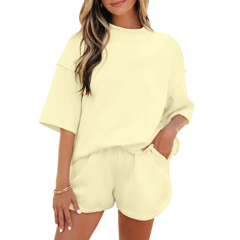 Asvivid Solid Color Exposed Seam Mock Neck Loose fit Tee Top and Casual Shorts 2pcs Outfit Womenswear Clothes