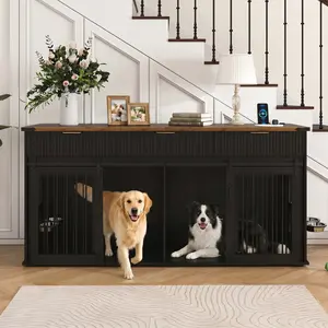 Luxury Double Dog Crate Furniture, Large Kennel with 3 Fluted Drawers, Waterproof Walnut Woodgrain Tabletop, Type-C Power Outlet, and Rotating Feeders