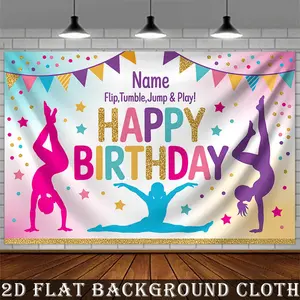 Summervibes 1PC Polyester Reusable Gymnastic Print Backdrop - Custom Name, 2D Flat, Wall Decor Banner, Kids Party Decoration, Flip Jump Play Photo Prop for Birthday Festive Supplies