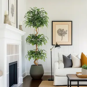 Gaomon 72 In Decorative Artificial Ficus Tree, Curved Trunk, Silk Fabric Faux Plant with Leaf Veins, Lifelike Natural Touch Fake Tree in White Pot, Ready for Home Living Room Display