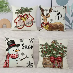 Christmas Themed Pillow Case without Filler, 4 Counts/set Snowman & Deer & Gift Box Pattern Cushion Cover, Decorative Pillow Cover for Home Bedroom Sofa