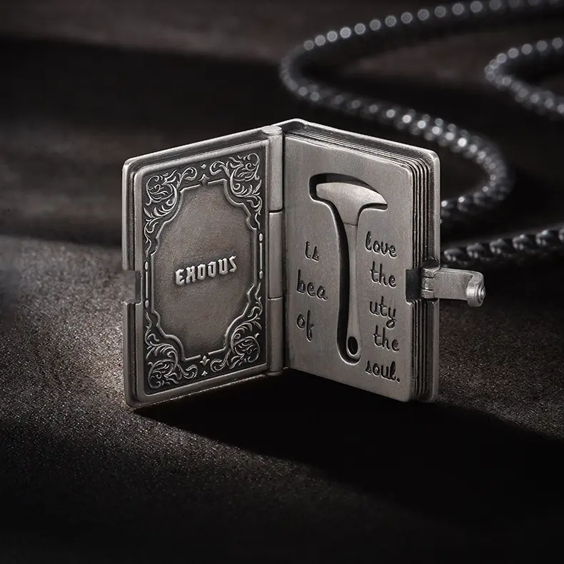 Hidden Hammer Bible Locket Necklace – Hidden Redemption Bible Locket Necklace Vintage Silver Holy Bible Pendant, Movie-Inspired Secret Book Jewelry Gift