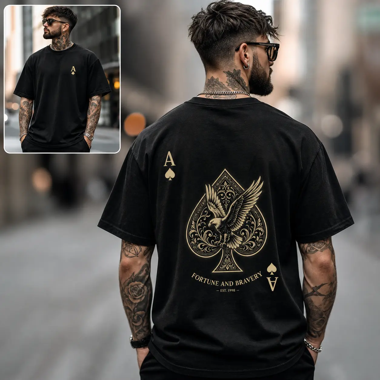 Unisex Black Cotton Crew Neck T-Shirt, Vintage Ace Spade Eagle Fortune And Bravery EST 1998 Front Chest & Large Back Double Print Graphic Tee, Retro American Eagle Streetwear Top Gift For Men & Poker Lovers