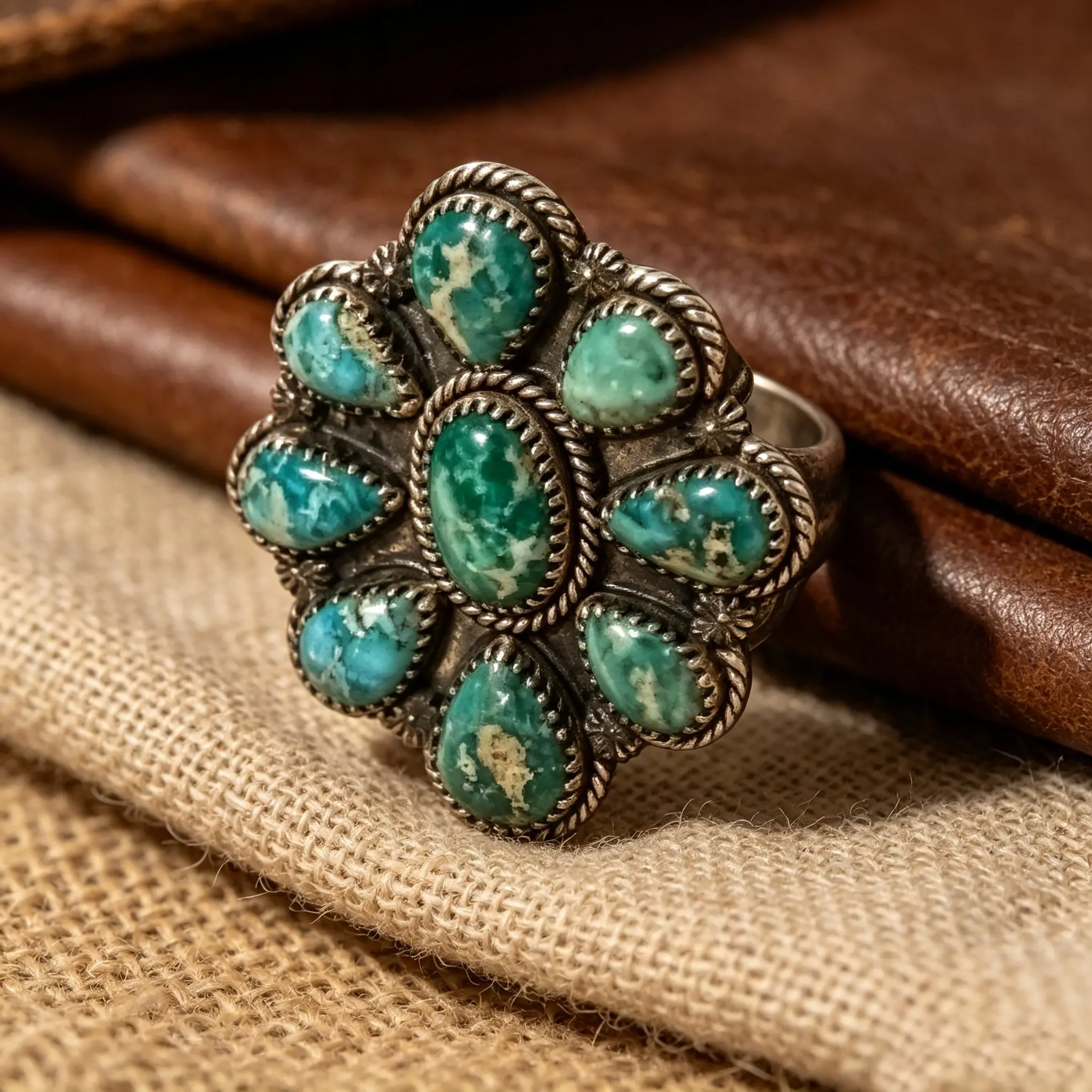 Turquoise Ring with Intricate Design and Multiple Stones, Featuring a Central Oval Stone and Surrounding Teardrop Shapes