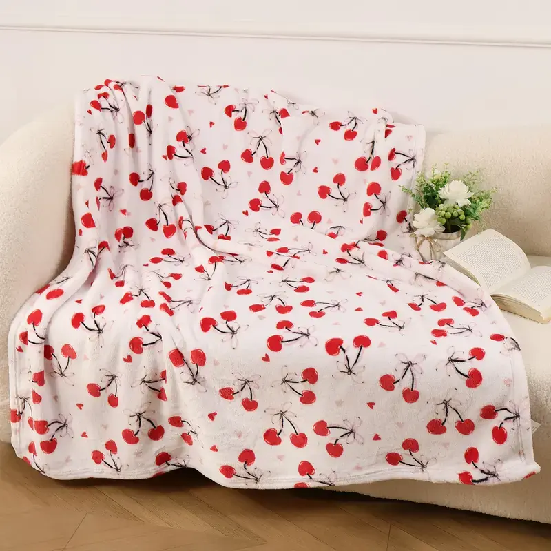 Cherry Print Blanket, Cute Flannel Throw Blanket Soft Cozy Fleece Blanket, Lightweight Cherry Pattern Blanket for Sofa Bed Bedroom Office Decor Gift