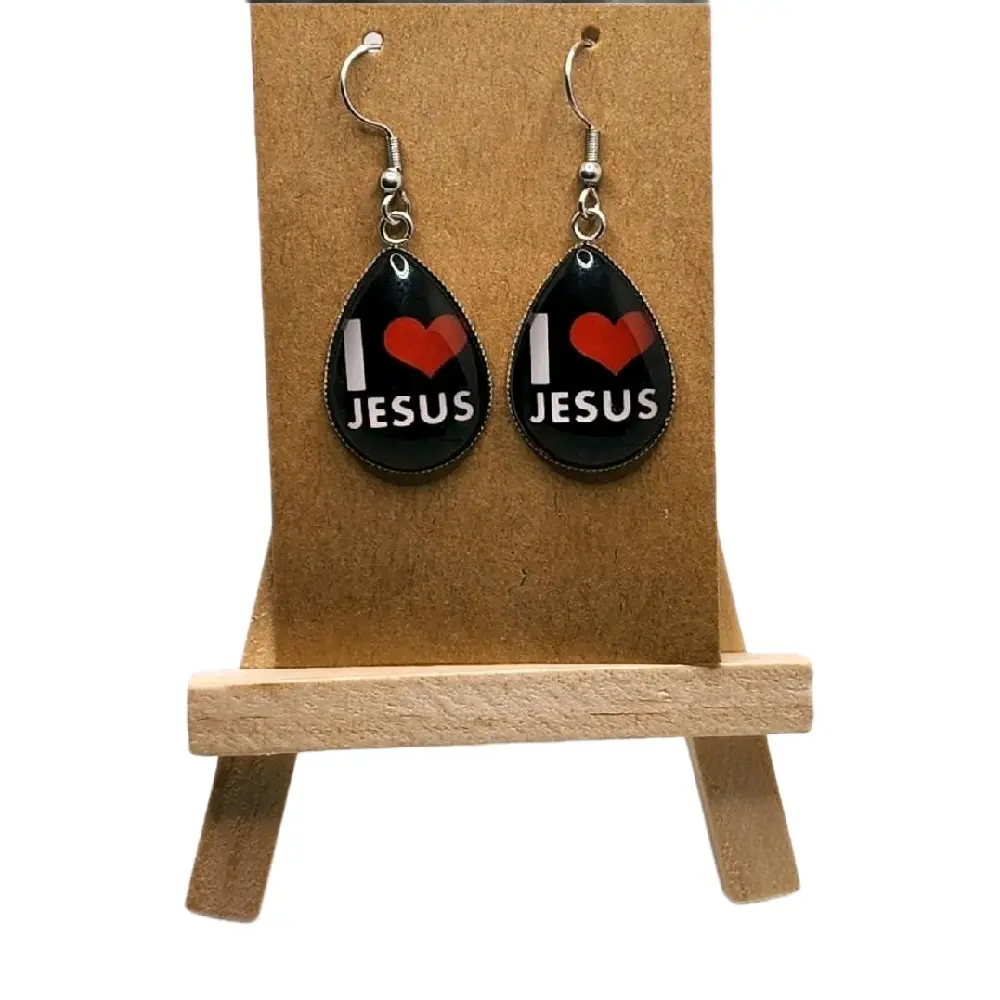 I Love Jesus Earrings - High-Quality Glass Hook Earrings with 'I Love Jesus' Inscription for Any Occasion