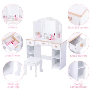 Garvee Kids Vanity With Mirrors And Stool Pretend Play Vanity Table Set Princess Makeup Desk Toddler Vanity Dressing Table With Storage Drawers And Open Shelves for Girls 3+