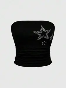 SAMPLEI Grunge Punk Gyaru Strapless Black Star Print Rhinestone Women Top