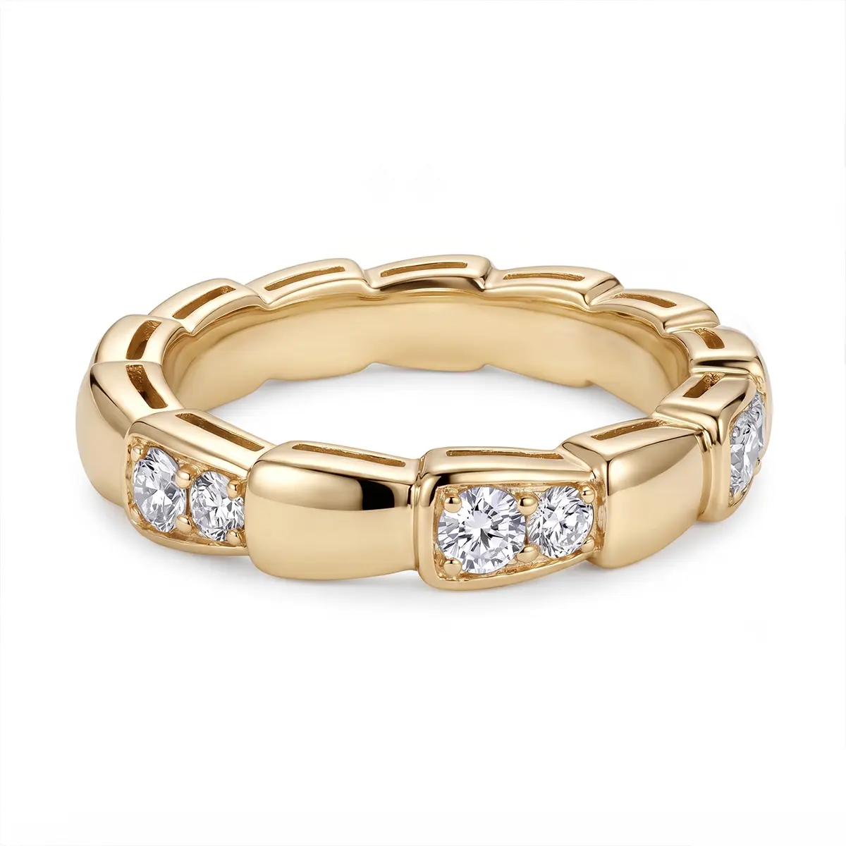 14K Gold Plated Geometric Eternity Band Ring for Women, Alternating Polished and Pave Cubic Zirconia Linked Brick Ring, Stackable Modern Wedding Anniversary Promise Statement Ring