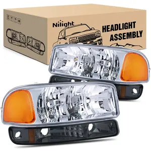 Nilight Headlight Assembly  Compatible for 1999 2000 2001 2002 2003 2004 2005 2006 GMC Sierra Yukon, Smoke Bumper Light Chrome Housing Amber Corner Clear Lens, Headlights Assembly Replacement
