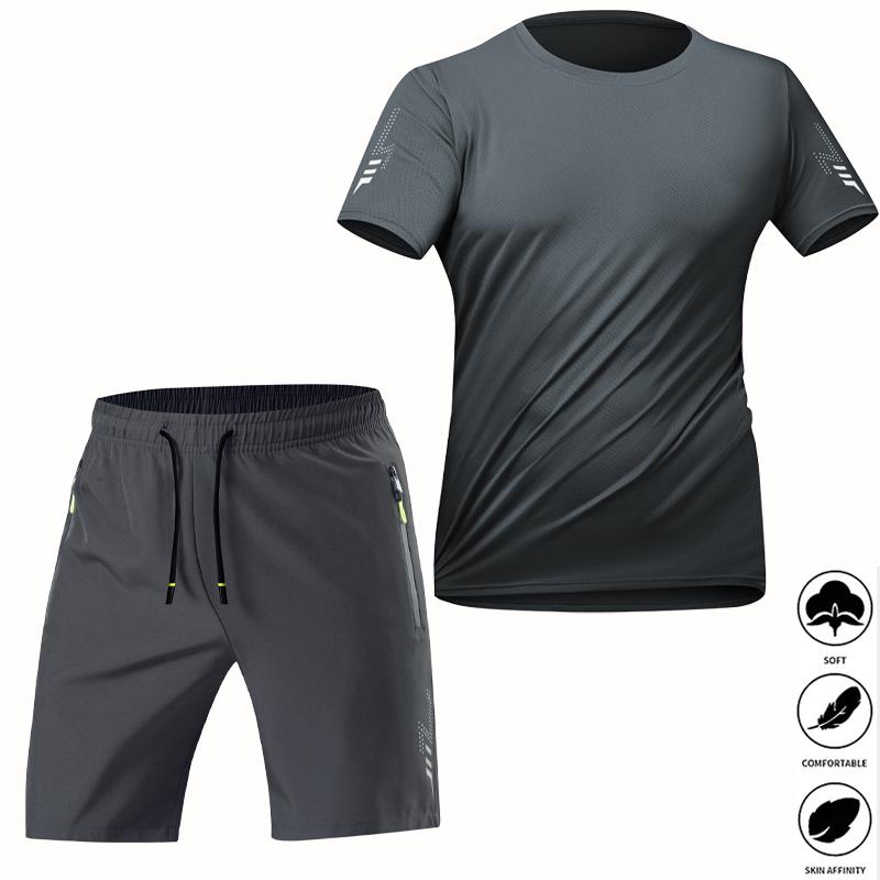 2-Pack Men’s Quick Dry Ice Silk Tracksuit, Loose Breathable T-Shirt & Shorts Set, Cooling Sweat-Wicking for Gym, Running, Outdoor & Home Casual