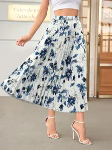 Elegant Women's Fitted Pleated Midi Skirt with Abstract Floral Ink Print, Versatile Formal & Casual Wear for All Seasons, Perfect for Work Parties and Daily Events, Formal Fashion Skirt