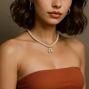 Chamica A-Z Letter Crystal Choker Pearl Necklace for Women White 8mm AAA+ Round Ladies Glass Crystal Faux Pearl Necklaces For Mom
