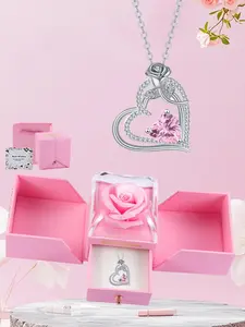 Heart Rose Pendant Necklace Birthstone Jewelry, Memorial Rose Box Included, Ideal Gift for Mother's Day, Birthday, Anniversary